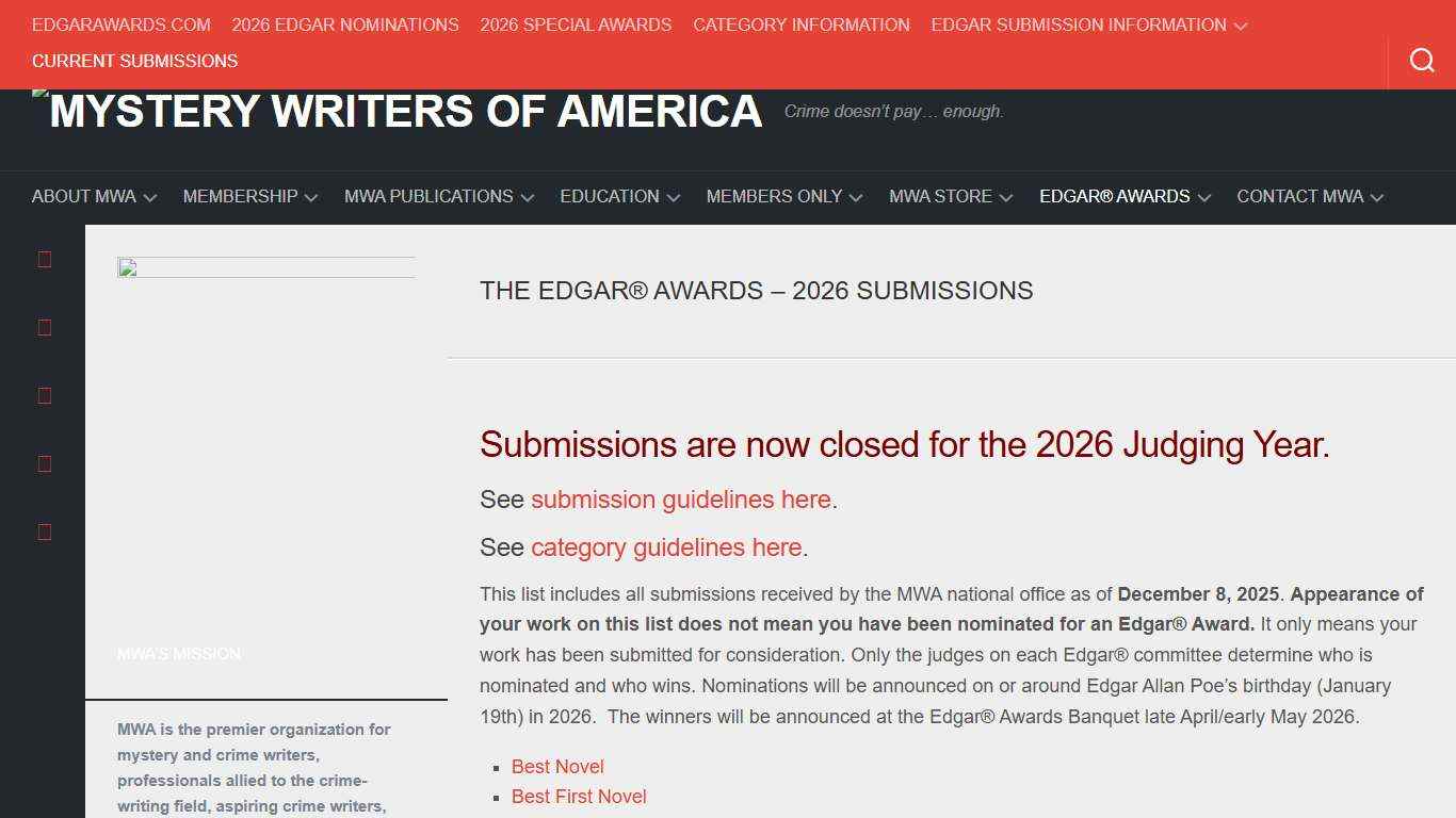 The Edgar Awards - 2026 Submissions - Mystery Writers of America